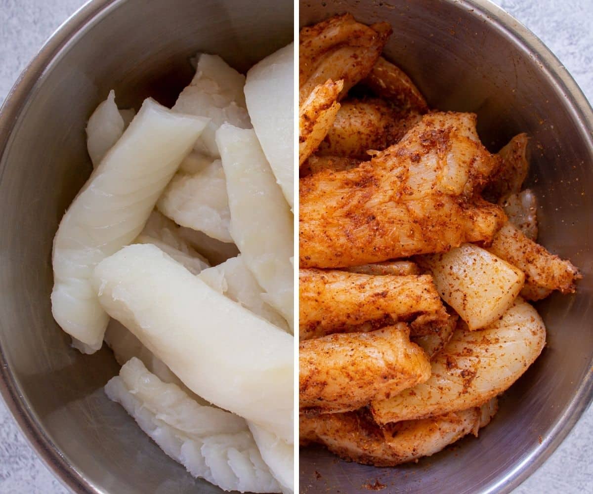 Strips of cod fish in a metal bowl before and after seasoning.