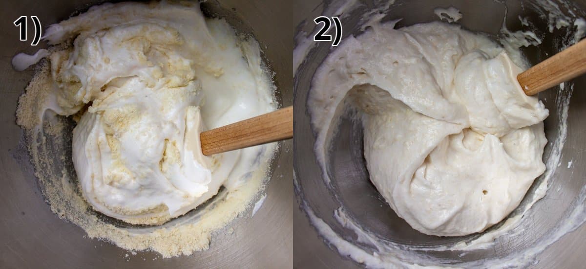 Step-by-step process of folding almond meal into meringue in a metal bowl.