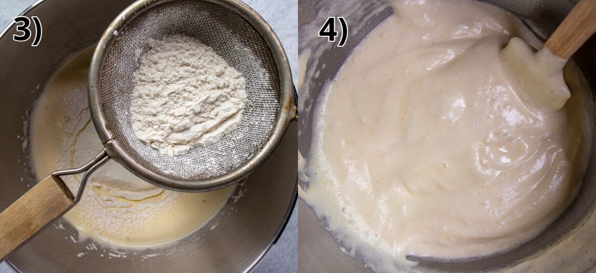 Before and after pics of sifting flour over a mixing bowl and then the finished batter.