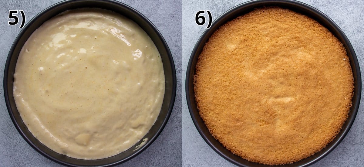 A genoise cake in a round pan before and after baking.
