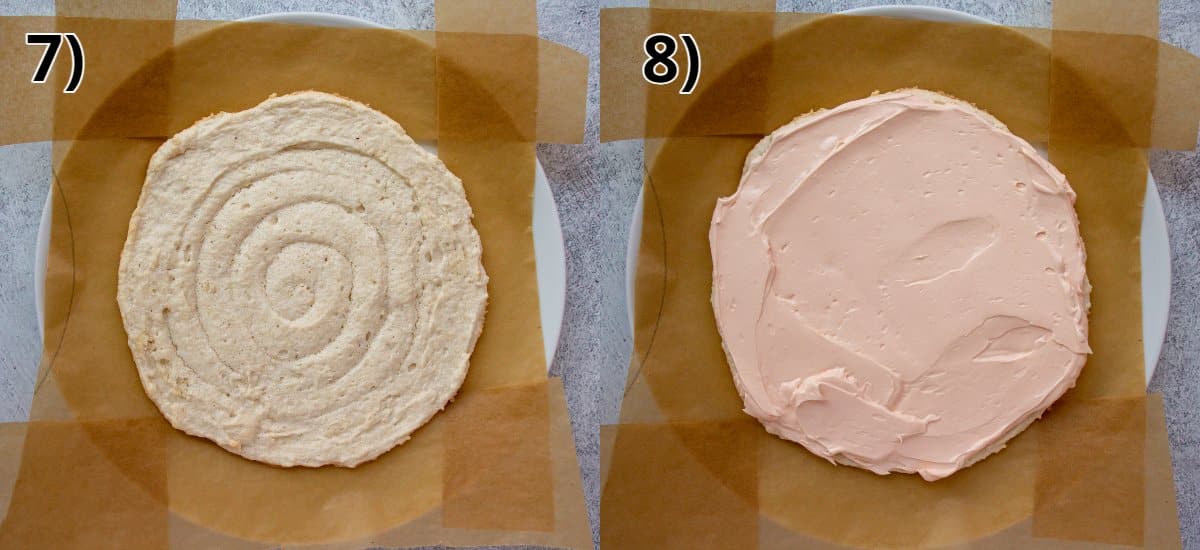 Process of frosting the top of a meringue disc on a plate lined with parchment paper.