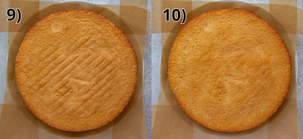 A genoise sponge cake on a white plate before and after soaking with syrup.
