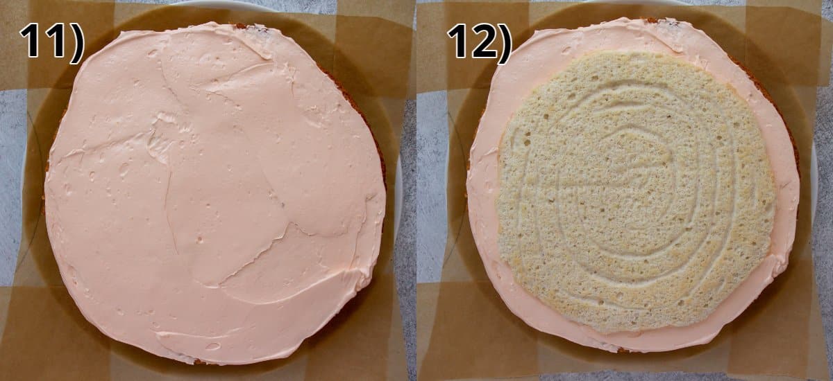 A cake frosted with pink icing topped with a meringue disc.