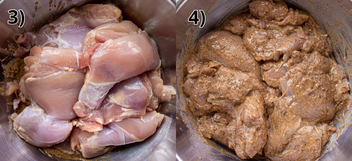 Before and after coating chicken thighs in marinade in a metal bowl.