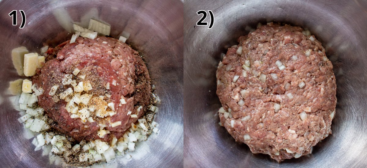 Ground beef before and after mixing with onions and seasonings in a mixing bowl.