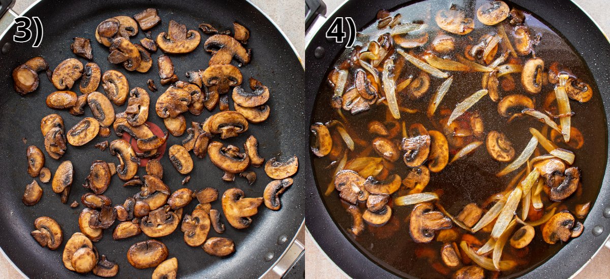 A skillet of cooked sliced mushrooms with broth added to make a gravy.