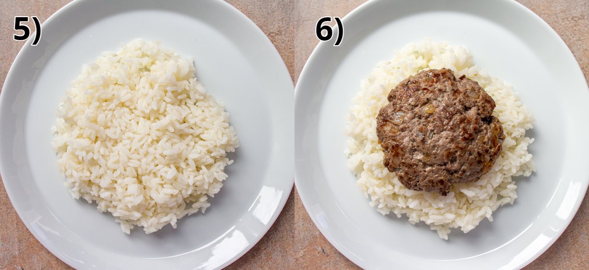 Cooked rice arrange in a circle on a white plate, then topped with a hamburger patty.