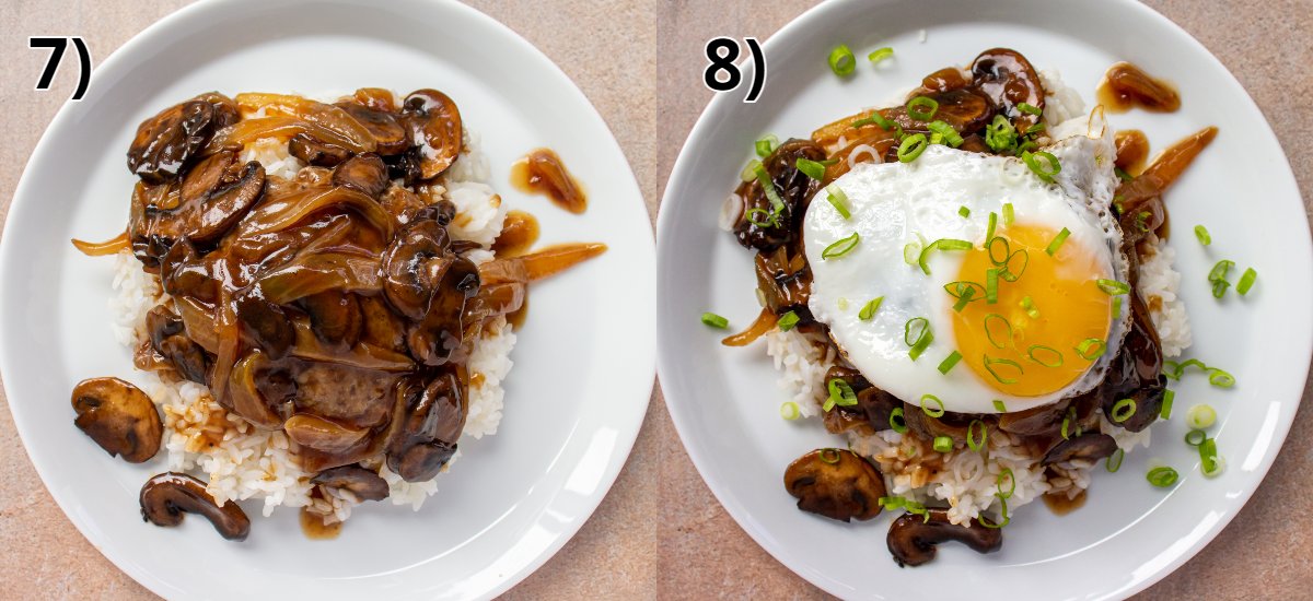 Mushroom and onion gravy spooned over a plate, then topped with a fried egg and scallions.