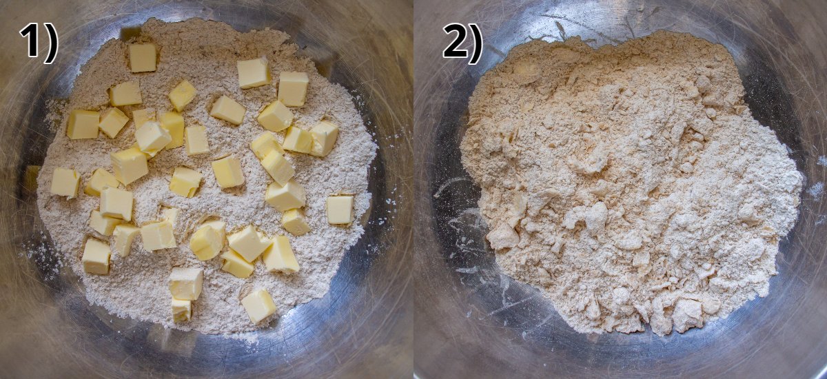 Before and after cutting butter cubes into a flour mixture in a metal bowl.