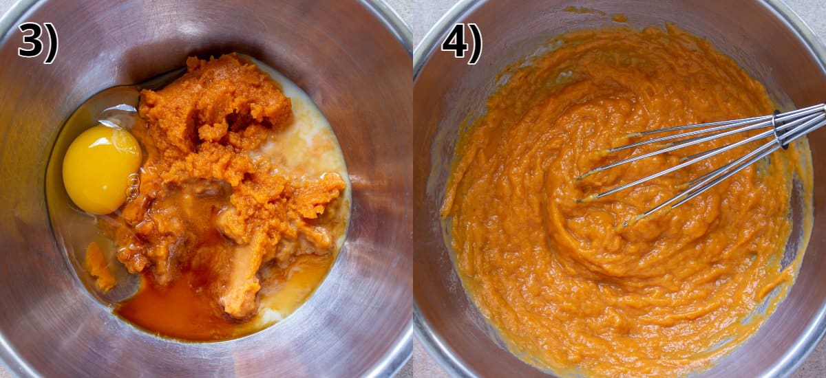 Before and after whisking pumpkin puree with an egg, milk, and vanilla extract.