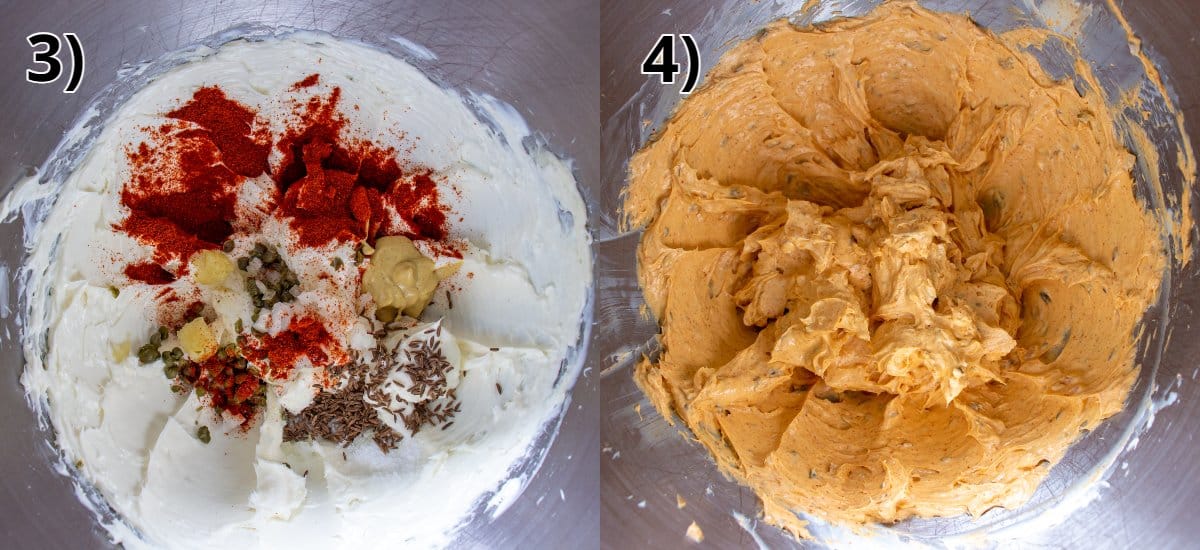 Before and after beating spices into a cream cheese mixture in a metal bowl.