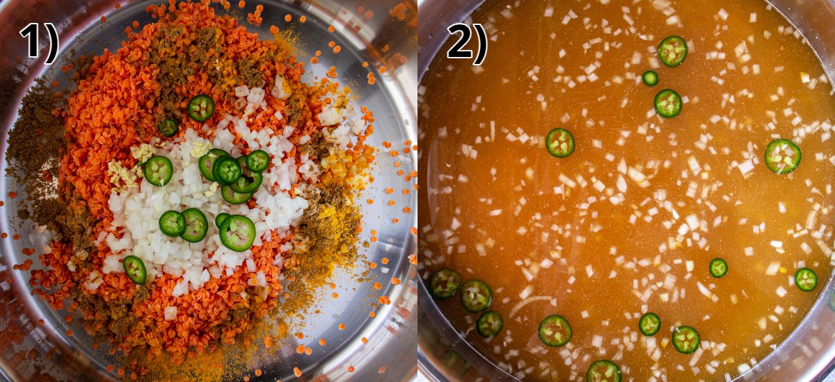 Red lentils, onion, sliced chiles, and spices in a pot before and after filling with water.