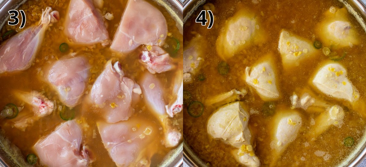 Bone-in chicken pieces added to a pot of lentils before and after cooking through.
