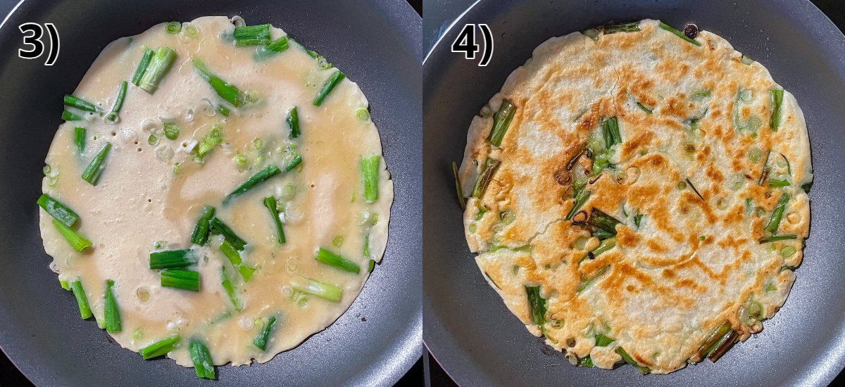 A Korean scallion pancake before and after flipping in a nonstick frying pan.