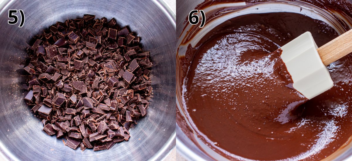 A metal bowl of chopped chocolate before and after melting and mixing with sugar.