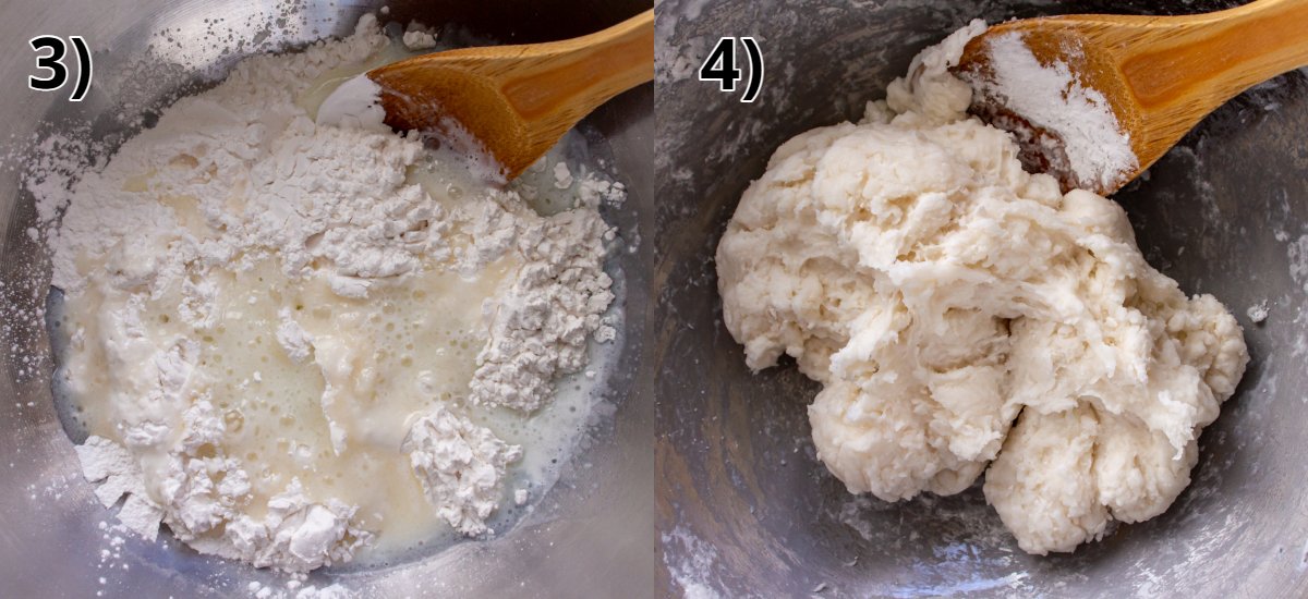 Tapioca starch stirred together with liquid to form a stiff white dough in a metal bowl.