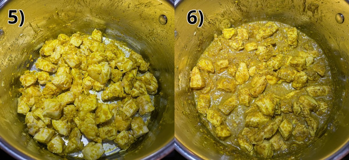 Cubes of chicken coated with turmeric and then adding a thick sauce in a metal pot.