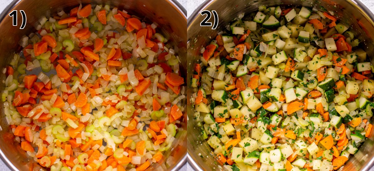 Step-by-step photos of sautéing a variety of chopped vegetables in a pot.