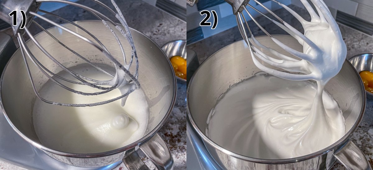Whipping egg whites to medium-stiff peaks, then with sugar to shiny stiff peaks.