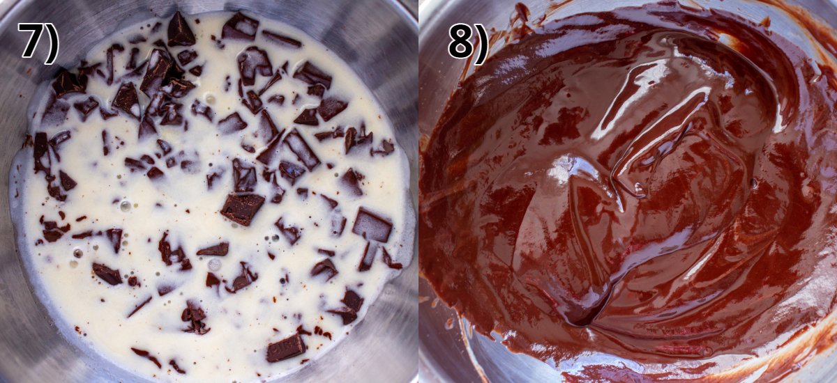 Chopped chocolate in a metal bowl before and after mixing with hot cream and butter.