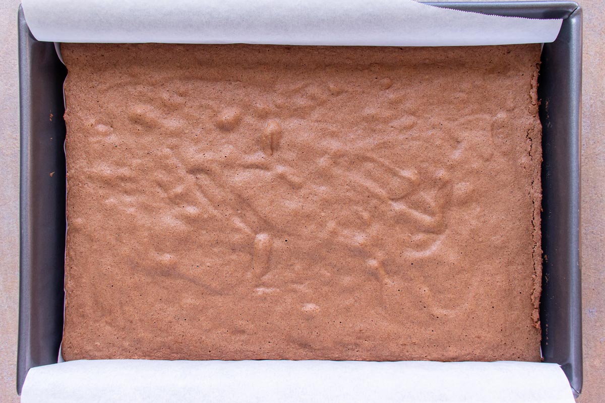 A chocolate sponge cake baked in a rectangular baking pan lined with parchment paper.