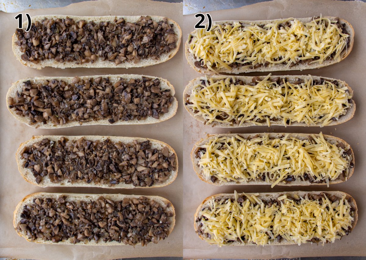 Step-by-step photos of spreading sautéed mushrooms on baguette halves then topping with grated cheese.