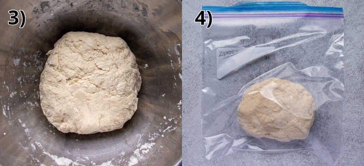 A ball of dough in a metal bowl and then in a Ziploc bag.