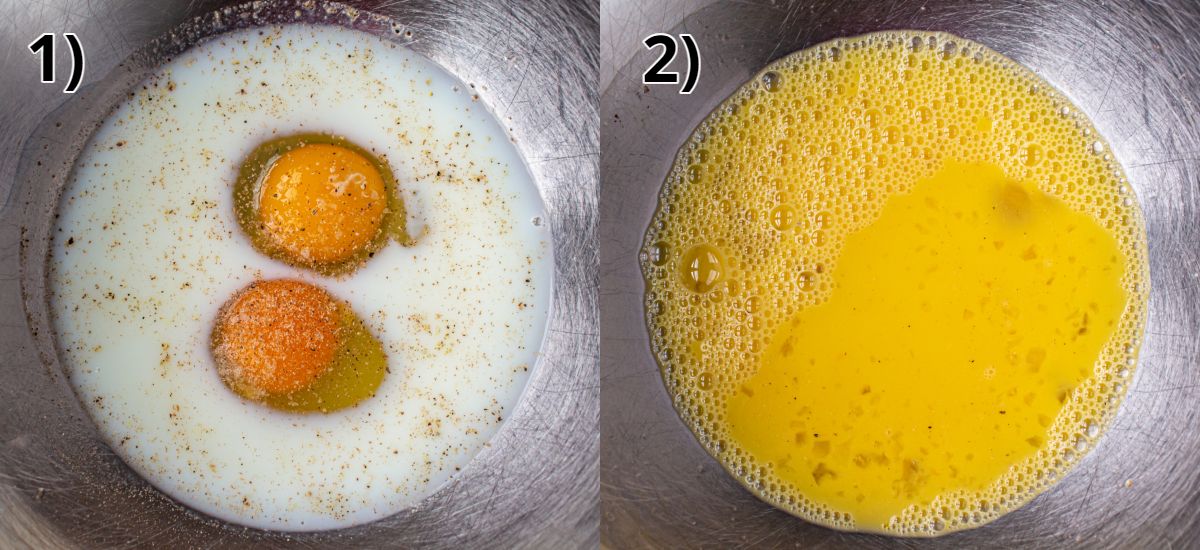Eggs and milk before and after whisking together in a metal bowl.