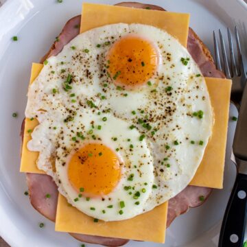 An open-faced sandwich with ham, cheese, and eggs garnished with chives on a white plate.