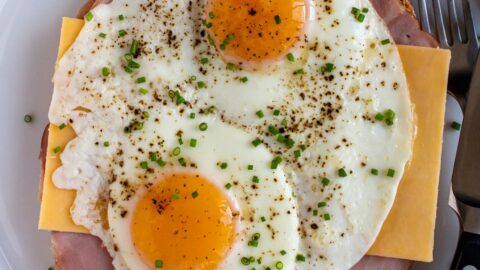 An open-faced sandwich with ham, cheese, and eggs garnished with chives on a white plate.