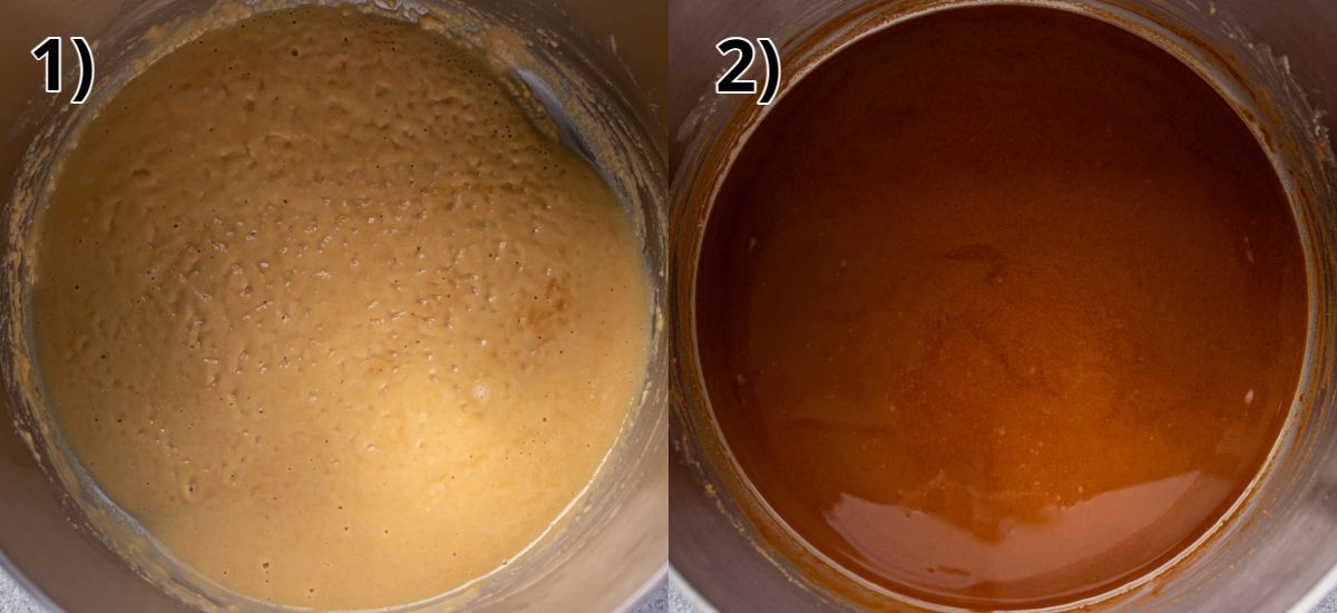 Roux cooking longer, a blond roux on the left and a dark roux on the right.