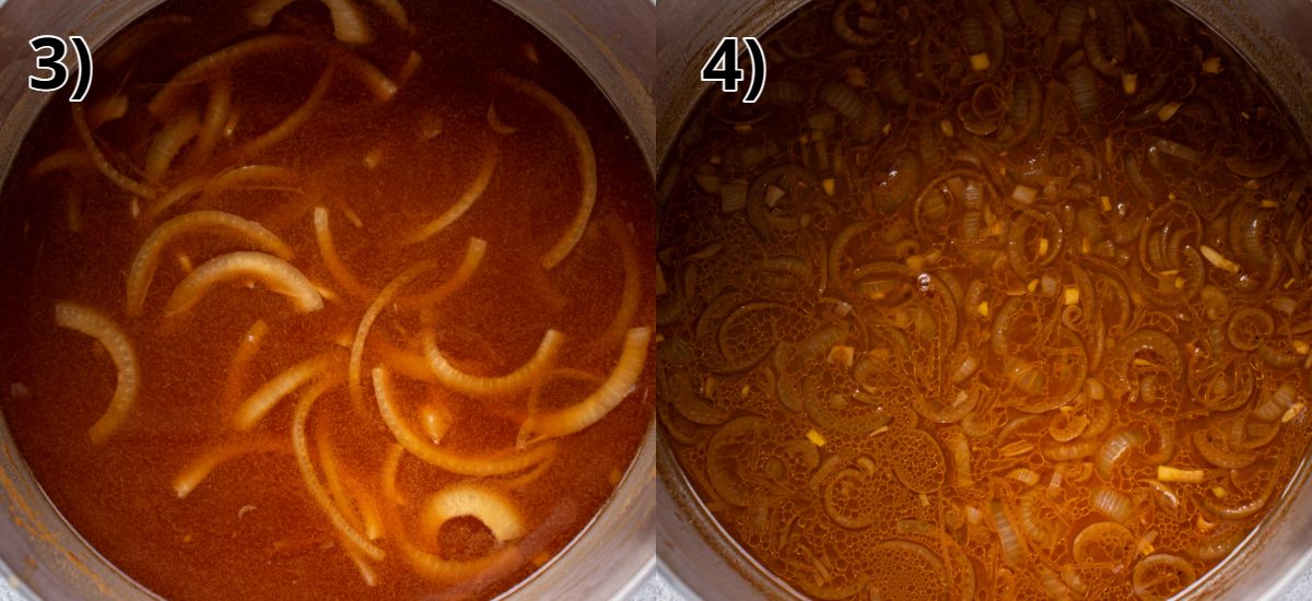 Basler mehlsuppe before and after simmering for 1 hour.