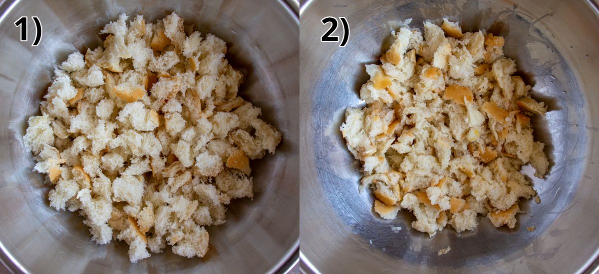 Before and after soaking torn up bread pieces with water in a metal bowl.