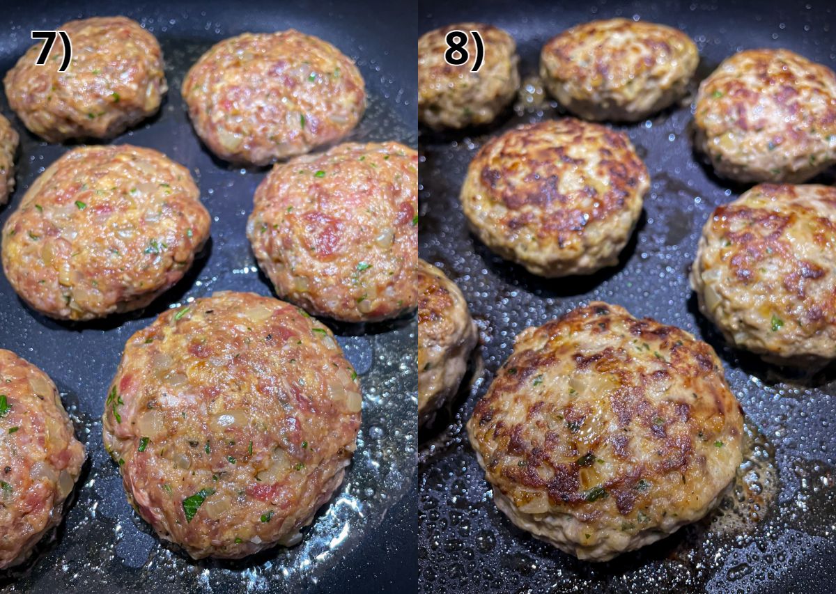 Thick burger patties before and after flipping over in a nonstick skillet.