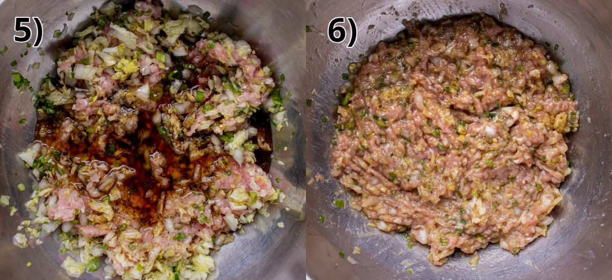 Adding flavoring sauce to ground pork and cabbage mixture in a metal bowl.