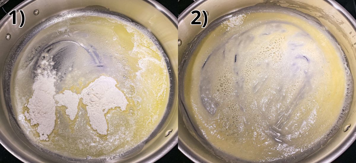 Making a roux with melted butter and flour in a metal skillet.
