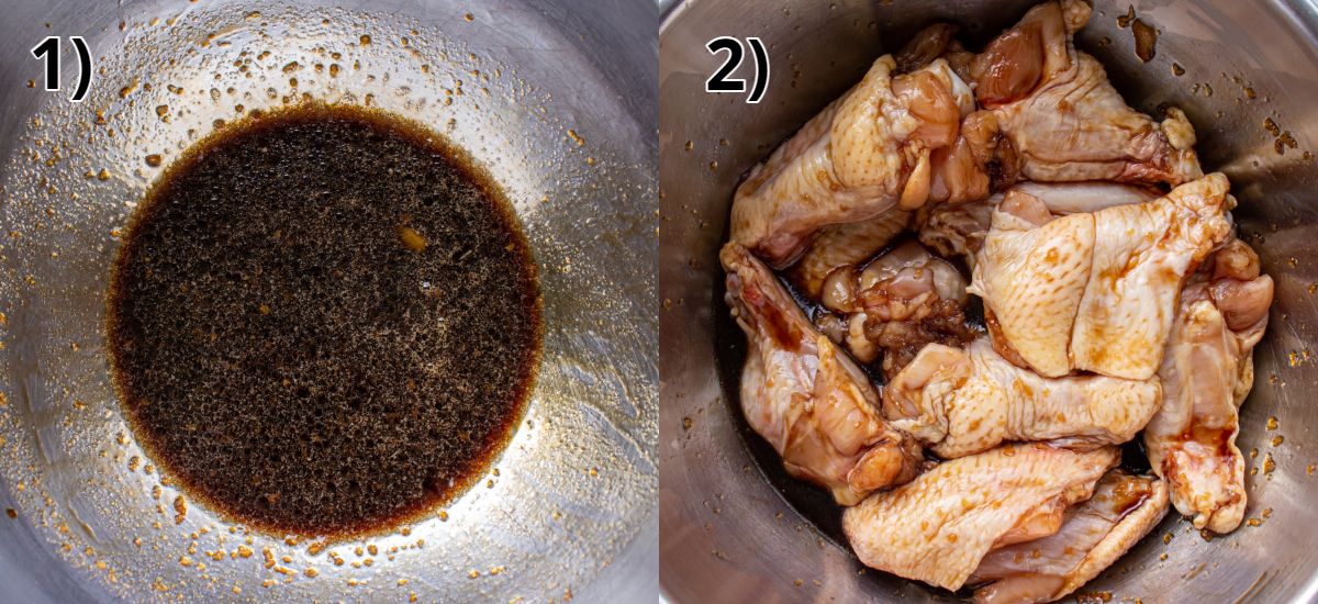 Dark brown marinade in a metal bowl before and after mixing with chicken wings.