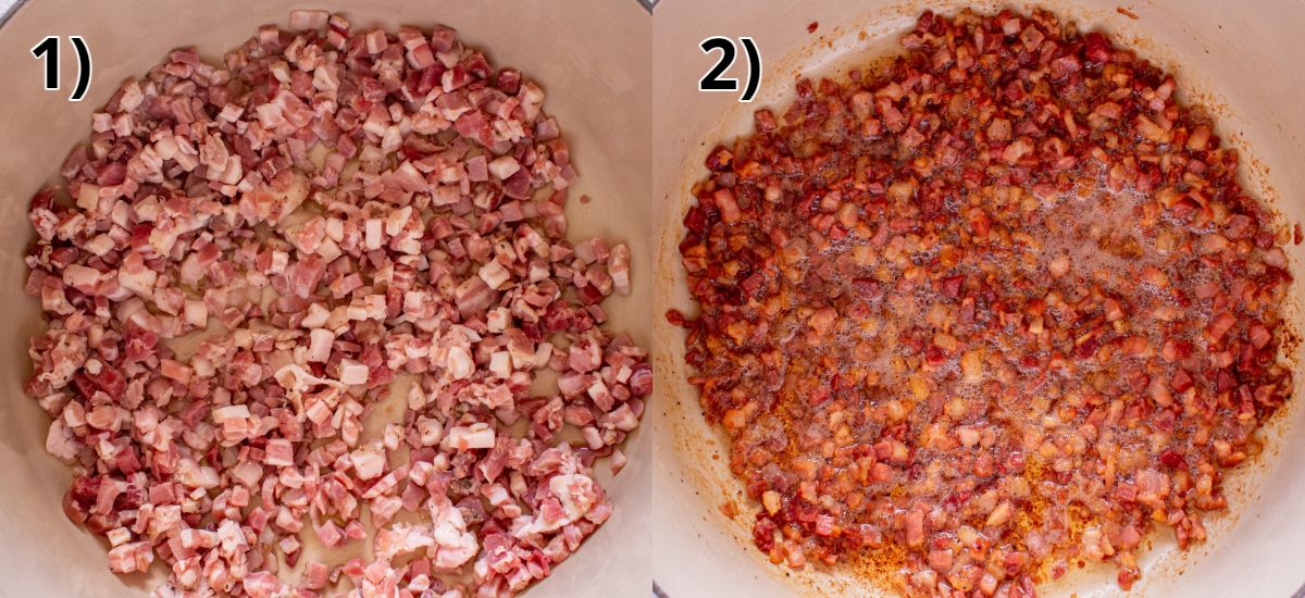 Chopped pancetta in a Dutch oven before and after cooking until crispy.