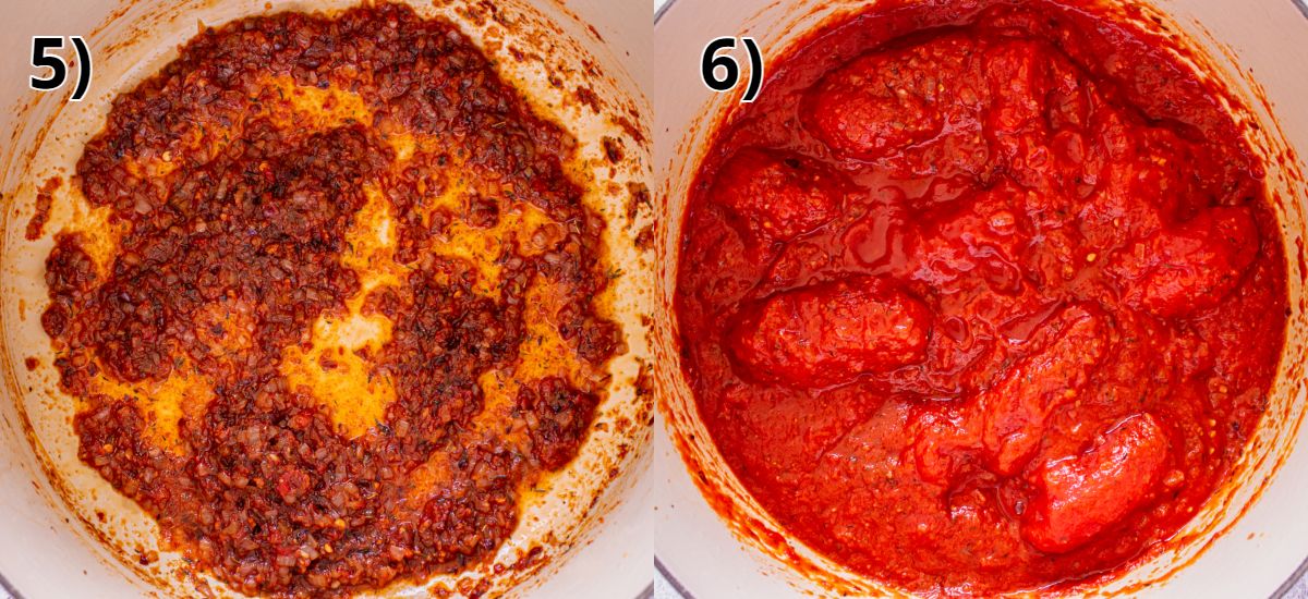 A thick dark red pasty mixture in a Dutch oven before and after adding canned tomatoes.