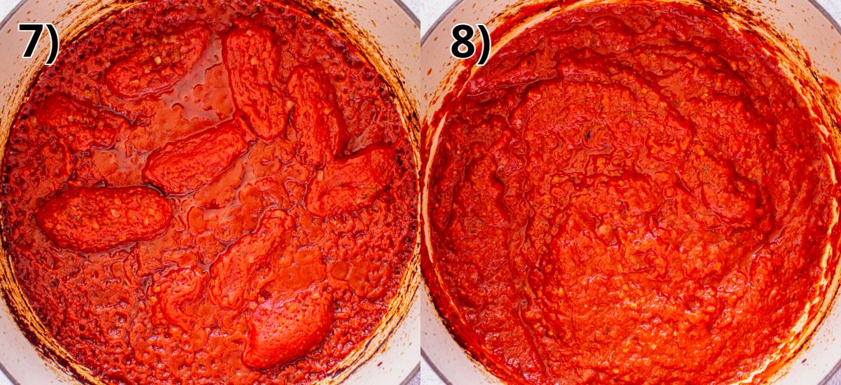 Cooked tomato sauce in a Dutch oven before and after squishing until smooth.