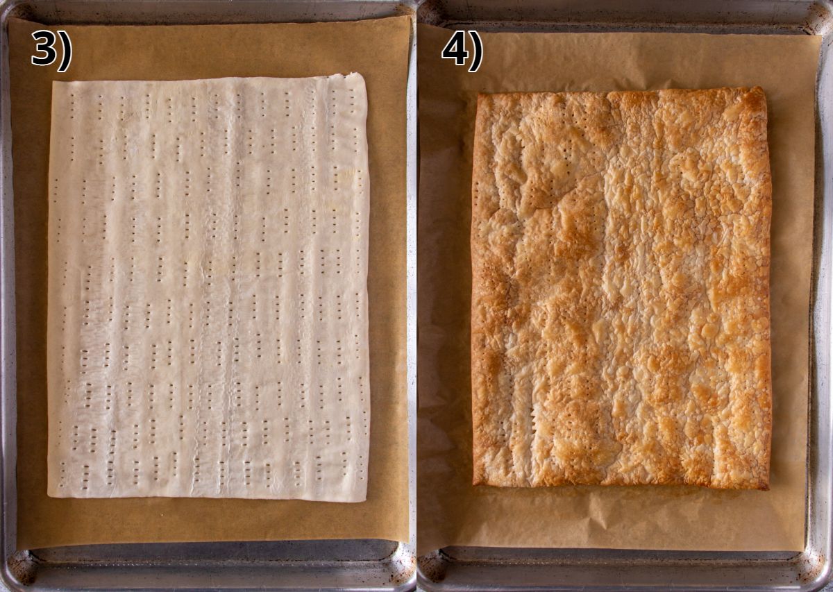 A sheet of puff pastry docked with a fork before and after baking.