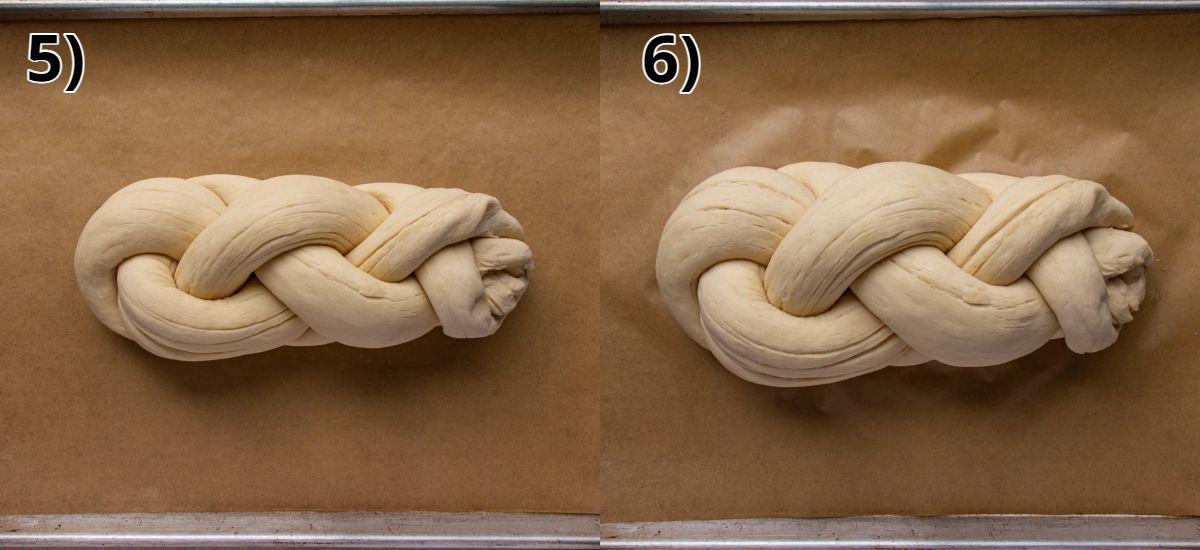A braided loaf of unbaked bread before and after proofing on a sheet pan.