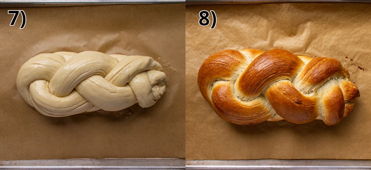 A braided loaf of zopf Swiss bread on a sheet pan before and after baking.