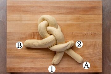 The fifth step in braiding a loaf of Swiss zopf bread.