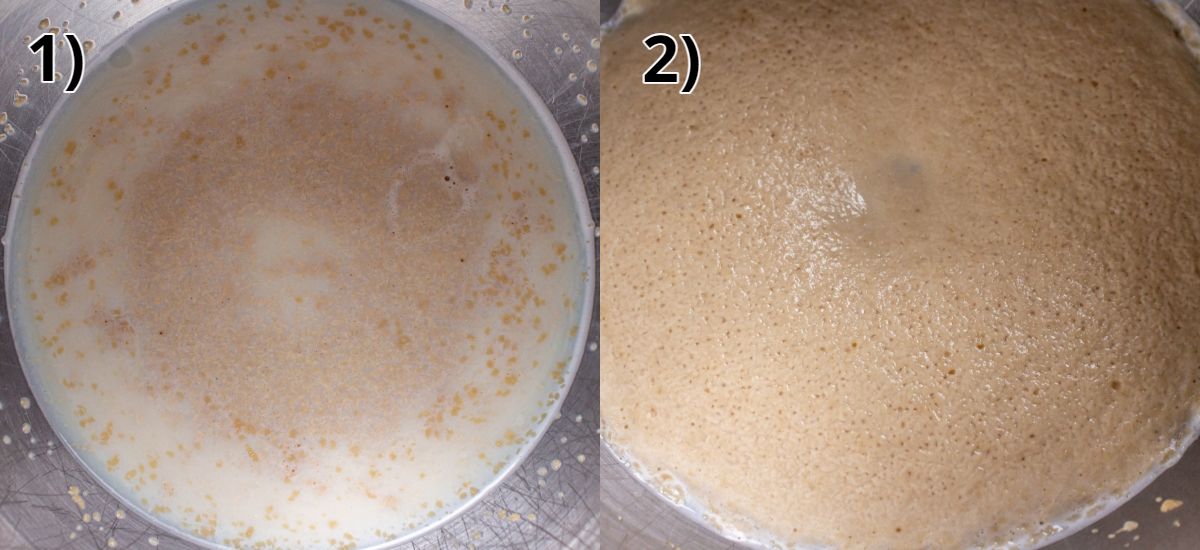 Warm milk and yeast in a metal bowl before and after blooming.
