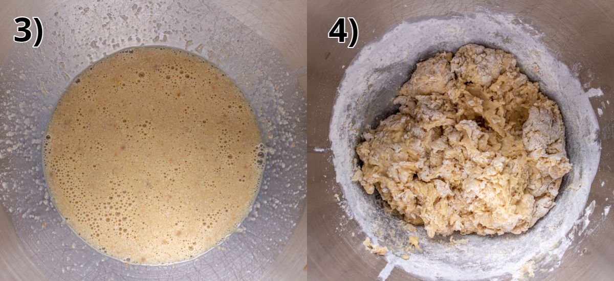 A foamy liquid in a metal bowl, and then a shaggy dough in the same bowl.