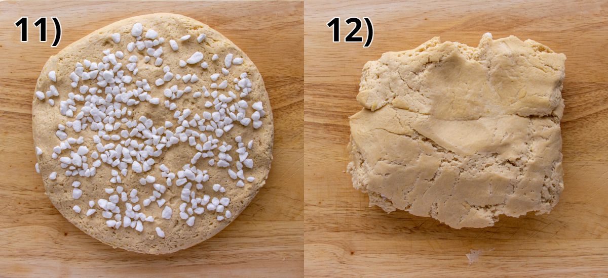 A round disc of dough topped with pearl sugar and then folded up to enclose sugar.