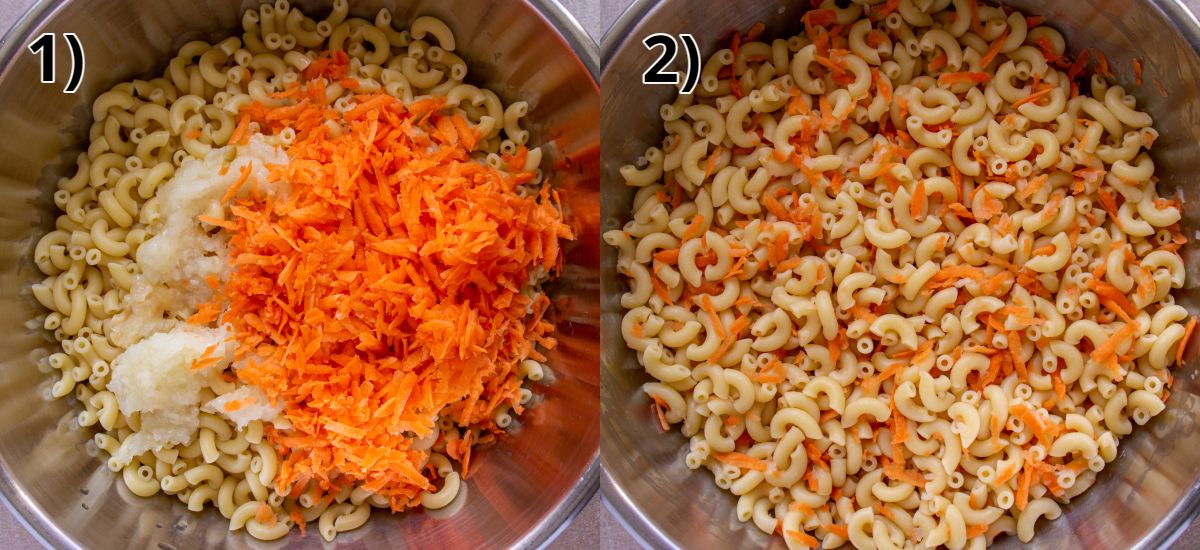 Before and after stirring grated carrots and onions into a large mixing bowl of elbow macaroni.