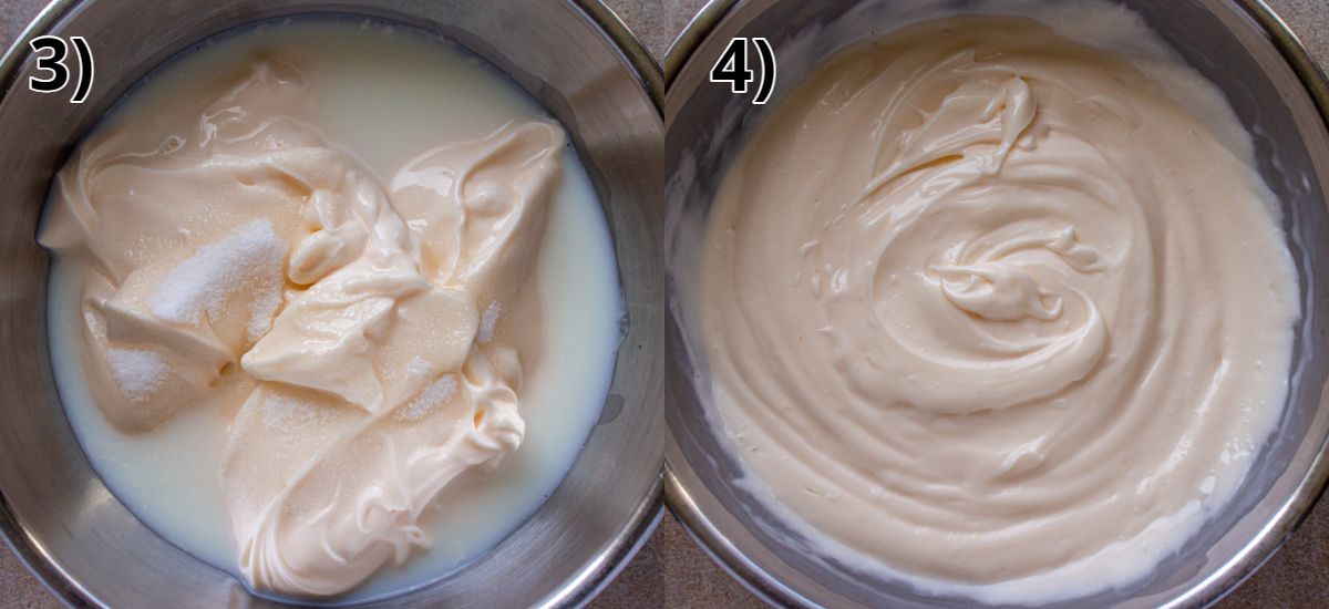 Before and after whisking together mayonnaise, milk, and sugar in a metal bowl.