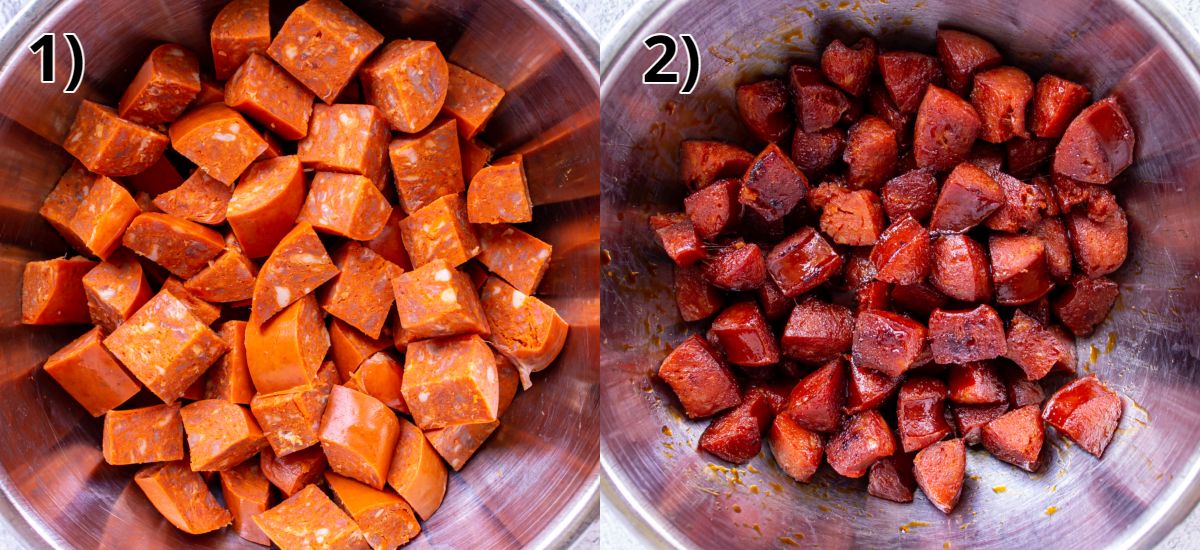 Diced chorizo sausage in a metal bowl before and after cooking.